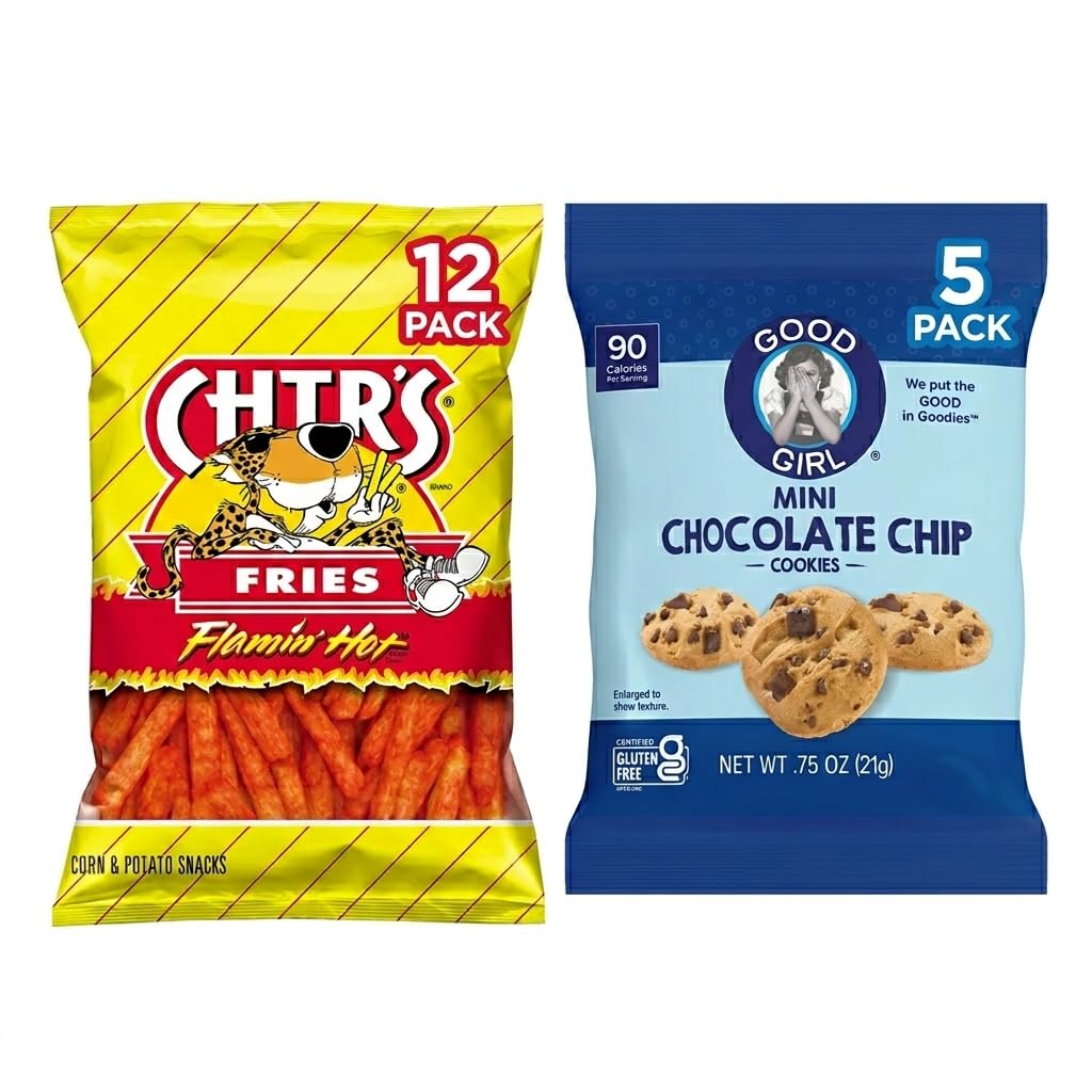 Chesters Frie Flamin Hot Corn Snack Fries & GoodIe Girl Chocolate Chip Mini Cookies Snack Pack, Gluten Free Variety Bundle, Individual Bags Multipack, Spicy Chips & Sweet Snacks for Lunch Boxes, Kids, Office & Travel