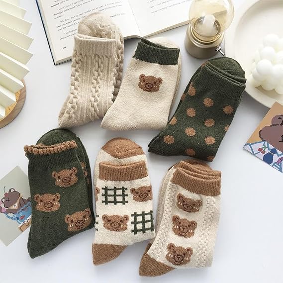 Tooe Women's Kawaii Bear Cotton Socks 6Pairs Coquettish Vintage Crew Socks Cute Warm Casual Socks Fairycore Socking