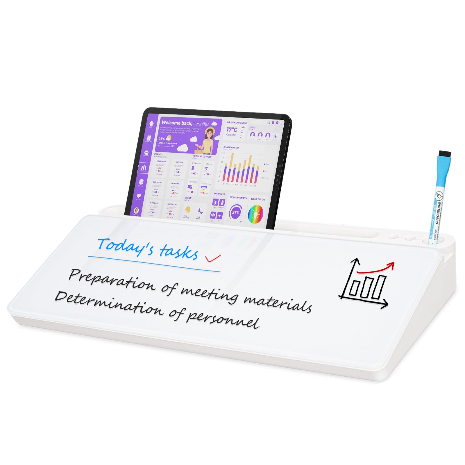 QUEENLINK Glass Desktop Whiteboard with Storage, Small Dry Erase Board with Drawers Desk Whiteboard with Stand Computer Keyboard Stand Organizer for Office Desk Accessories（White）