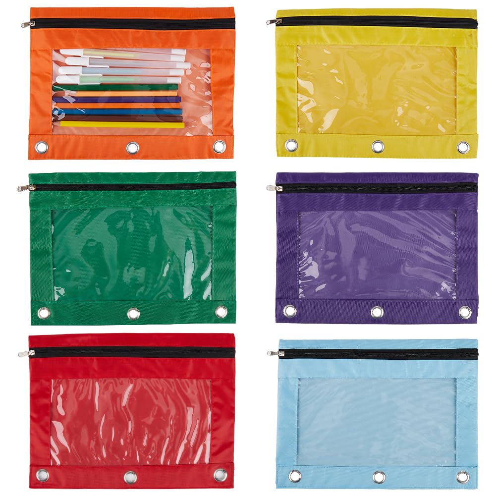 CRASPIRE 6Pcs 6 Colors Zippered Pencil Pouches Mixed Color for 3 Ring Oxford Cloth Pen Bags Cases Pouch Box Cosmetic Bags with Clear Window for Pencil Storing School Teacher Supplies Stationery