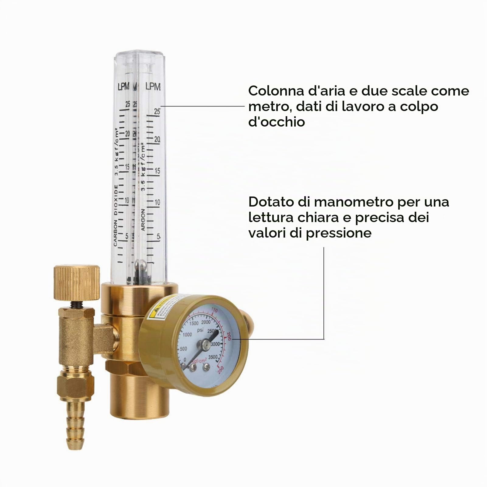 Misuratore di portata gas riduttore di pressione argon in ottone, filettatura maschio G5/8 Connettore CGA580 per operazioni di saldatura ad arco Tig argon