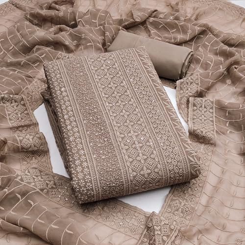 Image of Sidhidata Women's Faux Georgette Full Embroidery Lucknowi Chikankari Schiffli Work Unstitched Salwar Suit Dress Material With Embroidered Dupatta (DM Lucknowi Free Size)