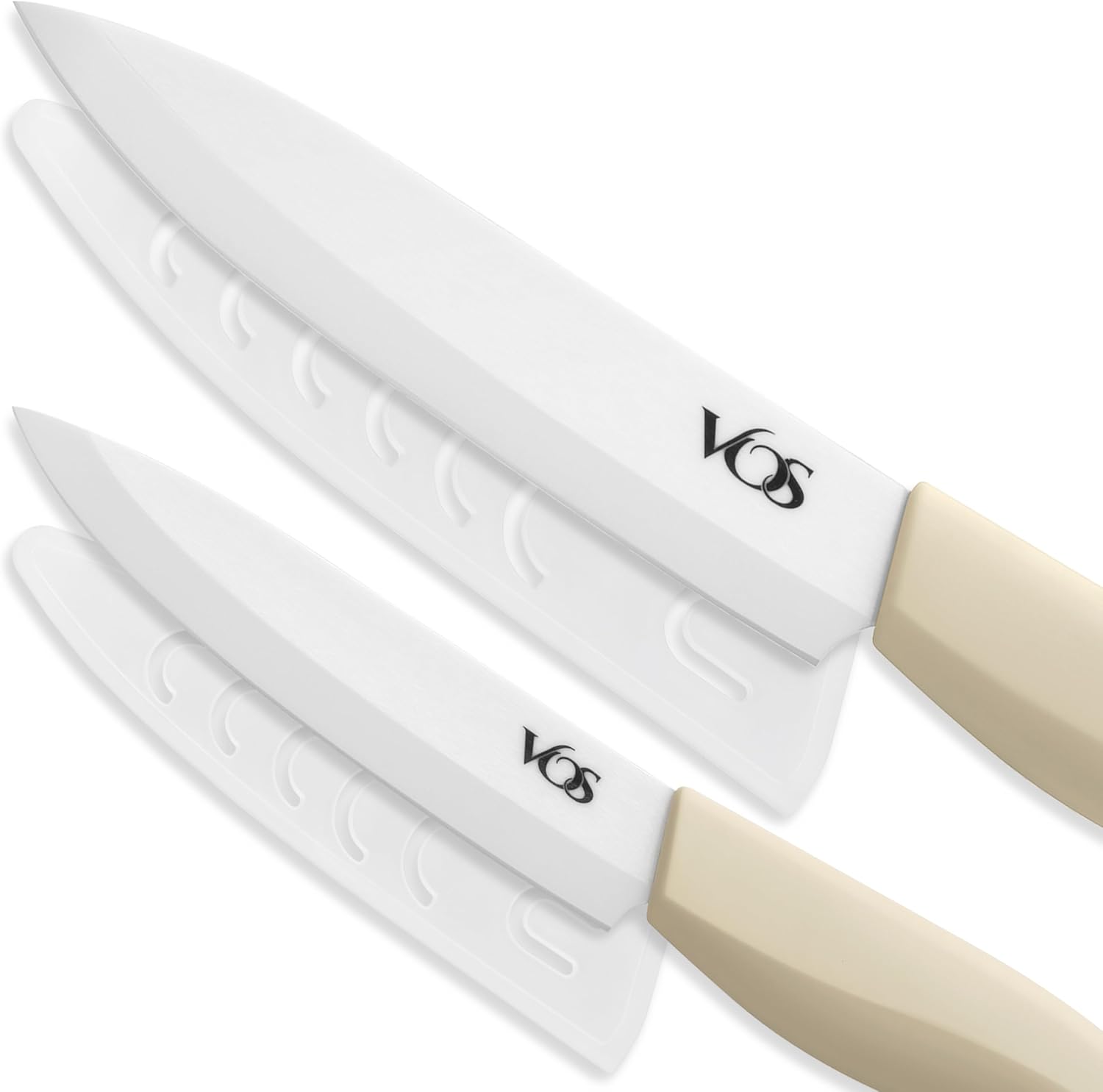 Vos ceramic knives set for kitchen in gift box, set of 2 ceramic knife with cover, 5.5" santoku & 4.5" utility for home cooks, Ultra Sharp, lightweight, rust-free, dishwasher safe (Off-white handle)