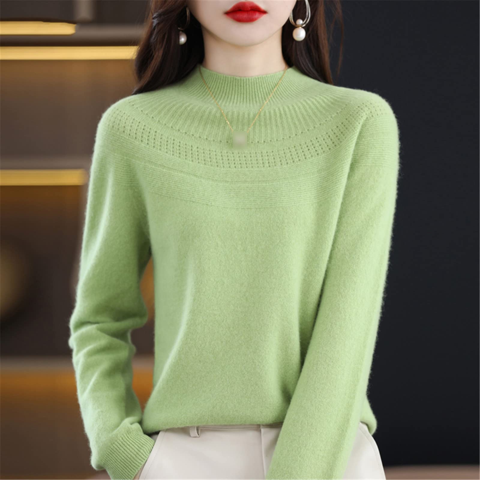 Kelsiop Suéter de cachemira sin costuras para mujer, suéter de lana con cuello alto para otoño e invierno, suéter de lana