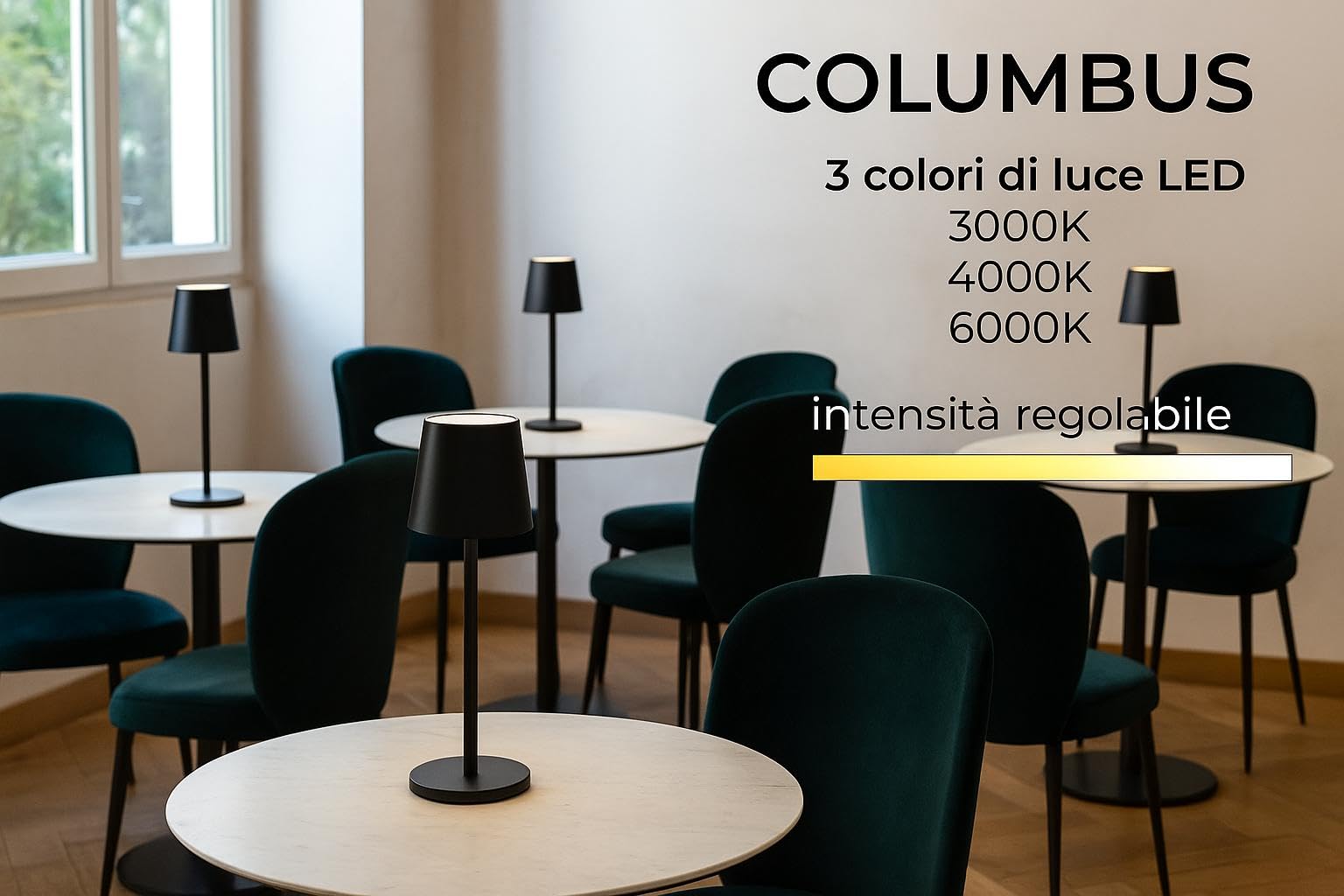LEOLUX COLUMBUS NERO - Set 5 Lampade da Tavolo LED Ricaricabili – Design Moderno in Alluminio Nero Opaco – 3 Colori di Luce – Touch Dimmer – Wireless – Per Casa, Ristorante, Bar, Terrazza