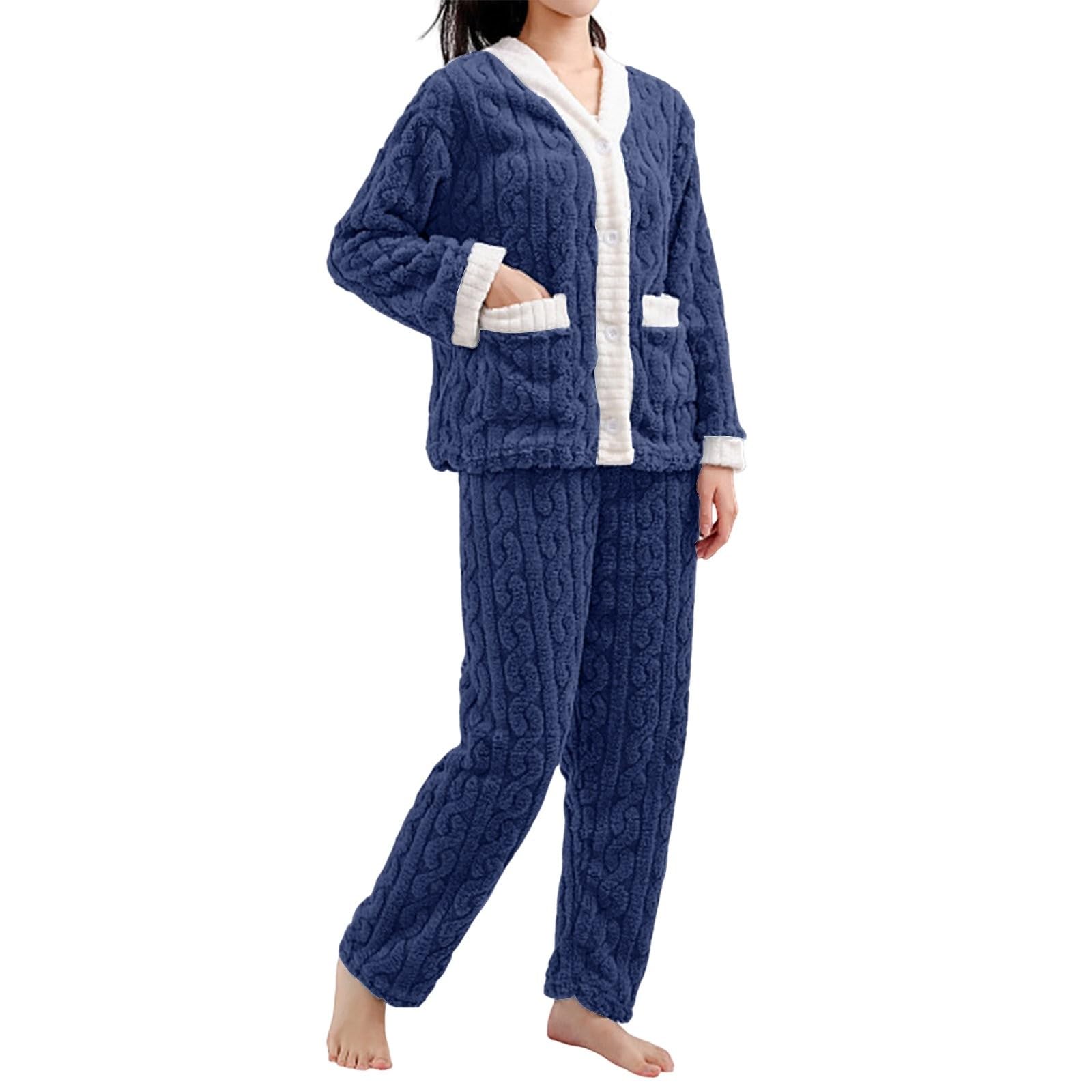 Pyjama long d'hiver en polaire pour femme | Pyjama chaud 2 pièces pour femme, pull et pantalon en peluche pour le quotidien à la maison
