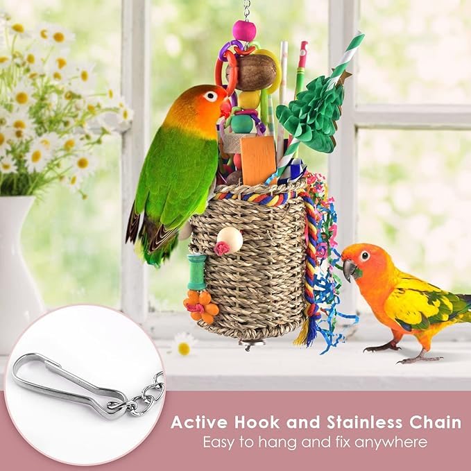 Image of KUTKUT Hanging Bird Foraging Toys, Natural Grass Basket with Shredding Papers, Wooden Blocks & Colourful Chew Toys for Parakeets, Cockatiels, Conures, Small and Medium Bird Cage Accessories