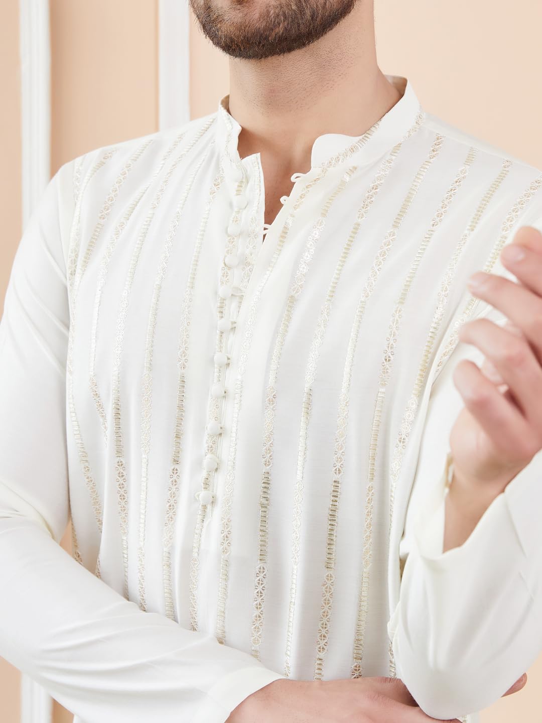 See Designs Men Full Sleeve Side Slit Off White And Gold Chanderi Silk Sequins Mandarin Collar Kurta - Sdkt2423Xs