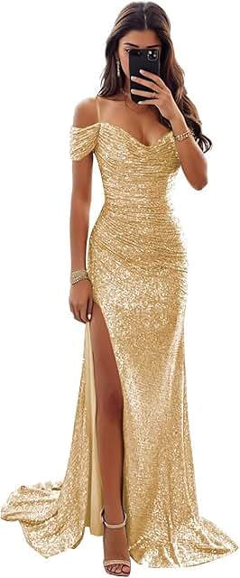 Sparkly Sequin Mermaid Prom Dress 2026 with Slit for Women Off Shoulder ...