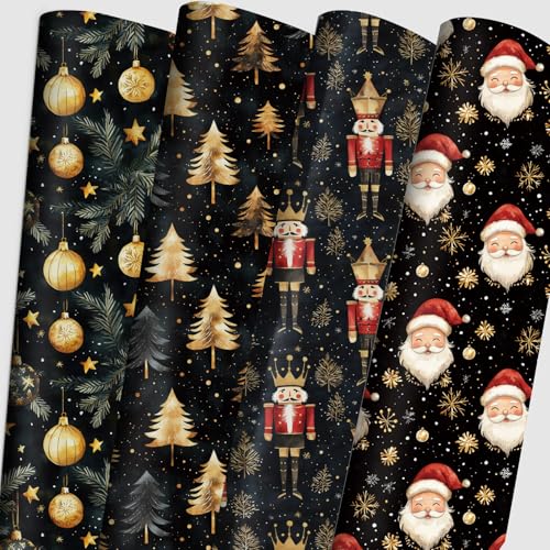 Dtiafu Christmas Wrapping Paper 4 Black Gold Holiday Style Gift Wrap Paper Bulk Santa Claus Nutcracker Ornament for Party Vacation Winter 20 X 28 Inches Folded Flat (8 Sheet)