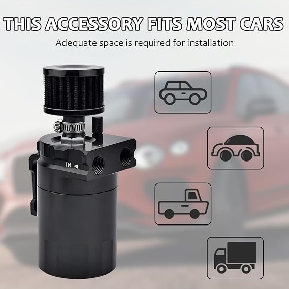 KVAEY Baffled Oil Catch Can, 300ml Oil Catch Can Tank with Breather Filter Adapters Hose Kit, 2-Port Aluminum Polish Baffled Reservoir Tank, Universal Engine Air Oil Separator Can (Black)