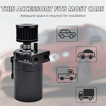 KVAEY Baffled Oil Catch Can, 300ml Oil Catch Can Tank with Breather Filter Adapters Hose Kit, 2-Port Aluminum Polish Baffled Reservoir Tank, Universal Engine Air Oil Separator Can (Black)
