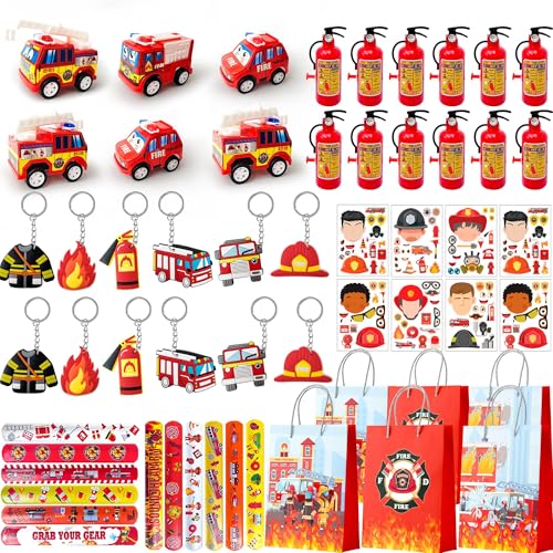 Huxolynifty Cadeaux de Fête de Pompier, 72 Pcs Pompier Cadeaux D'anniversaire - Pompiers Sacs de Fête Autocollants Porte-Clés & Bracelets de Slap etc...