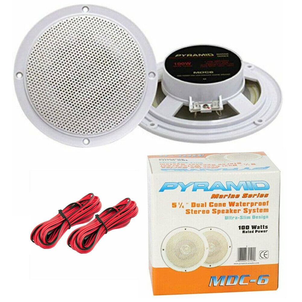 ZESTAW DO PYRAMID MDC6 2 białe głośniki dwumembranowe 50 W RMS 100 W maks. 15,3 cm 153 mm wodoodporny basen łódź restauracja hotel, w parach, w zestawie kable instalacyjne