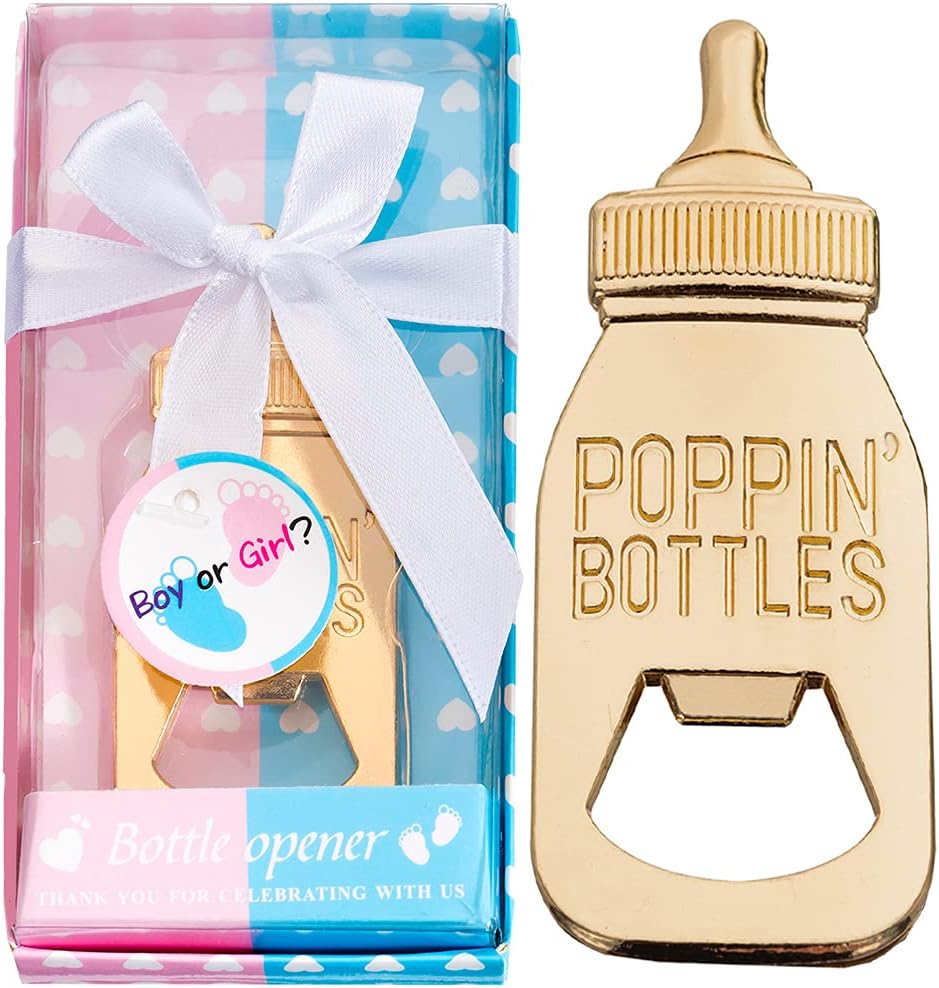 24Pack Baby Bottle Openers for Baby Shower Favors Gifts, Decorations Souvenirs, Poppin Bottles Openers with Gifts Box used for Guests Gender Reveal Party Favors (24, Blue and Pink)