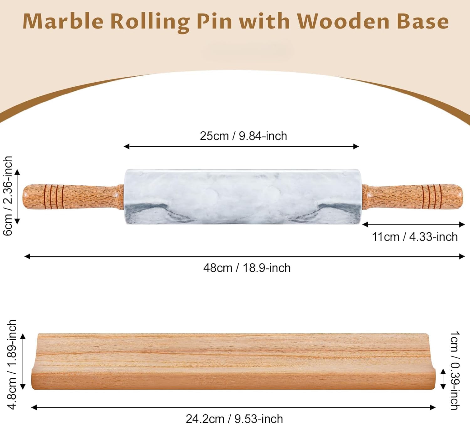 Mattarello in marmo da 48 cm con manici e base in legno, mattarello in marmo per cottura, pasticceria, pasta per pizza e altro ancora, superficie antiaderente lucida, rullo lungo per impasto (nero)
