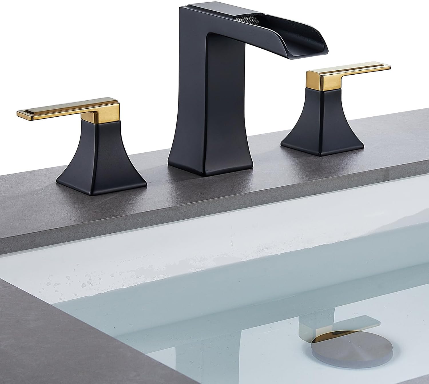Two-Tone Black and Gold Bathroom Faucet, Sanliv 2-Handle Widespread Bathroom Faucet for 3-Hole Sinks 4-8 Inch, 3-Piece Waterfall Vanity Faucets with Pop-Up Drain, Black and Gold