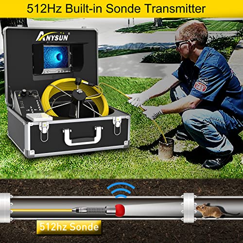 Anysun Sewer Camera with 512Hz Sonde Transmitter, 100ft Plumbing Camera Snake with DVR Recorder, Inspection Cam with 7\" LCD Monitor with Fiber Optic Cable Wire