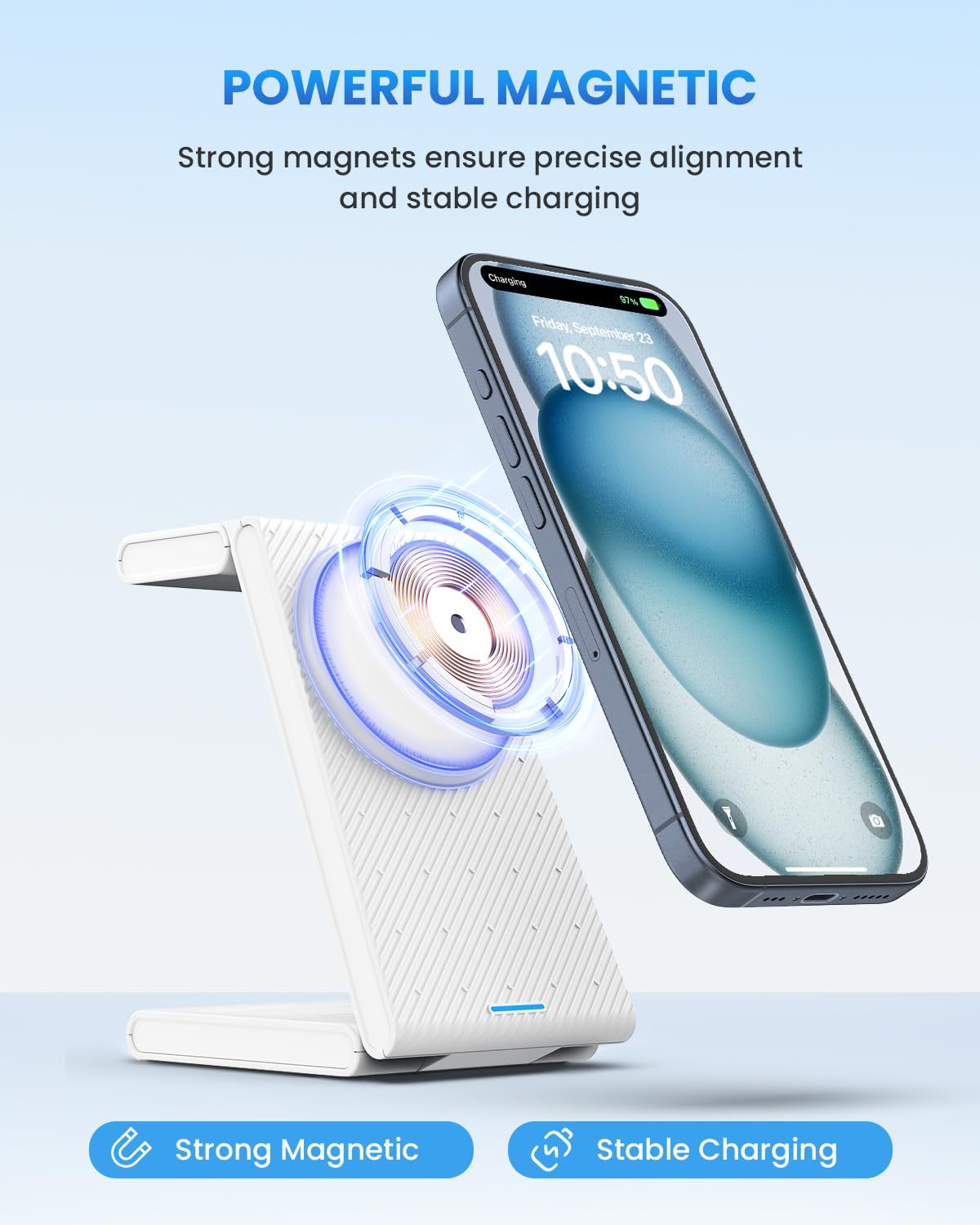 JoyGeek 3-in-1 Wireless Charging Station for MagSafe,Foldable Travel Charger Stand for iPhone 15/14/13/12 Series, Fast Magnetic Charging Dock for Apple Watch Ultra 2/9/8/7/6/SE/5/4/3/2,AirPods Pro 3/2