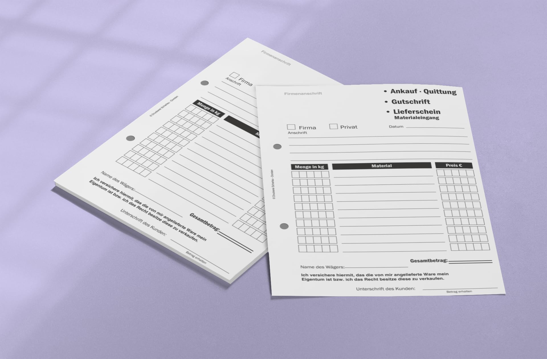 10x Ankaufquittung - Gutschrift - Materialeingang DIN A5, 2-fach selbstdurchschreibend,2x50 Blatt weiß/grün - gelocht (22608)