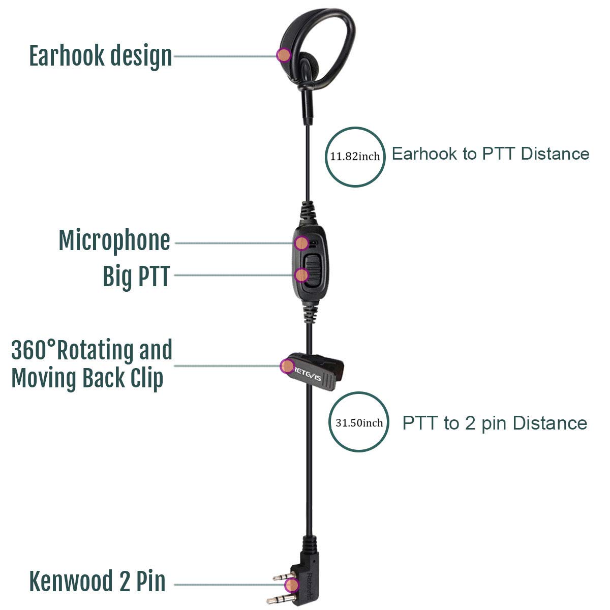 Retevis RT68 - Auricolari Walkie Talkies con microfono, 2 pin per radio bidirezionale Retevis H-777 5R BF-888S UV-5R (confezione da 10)