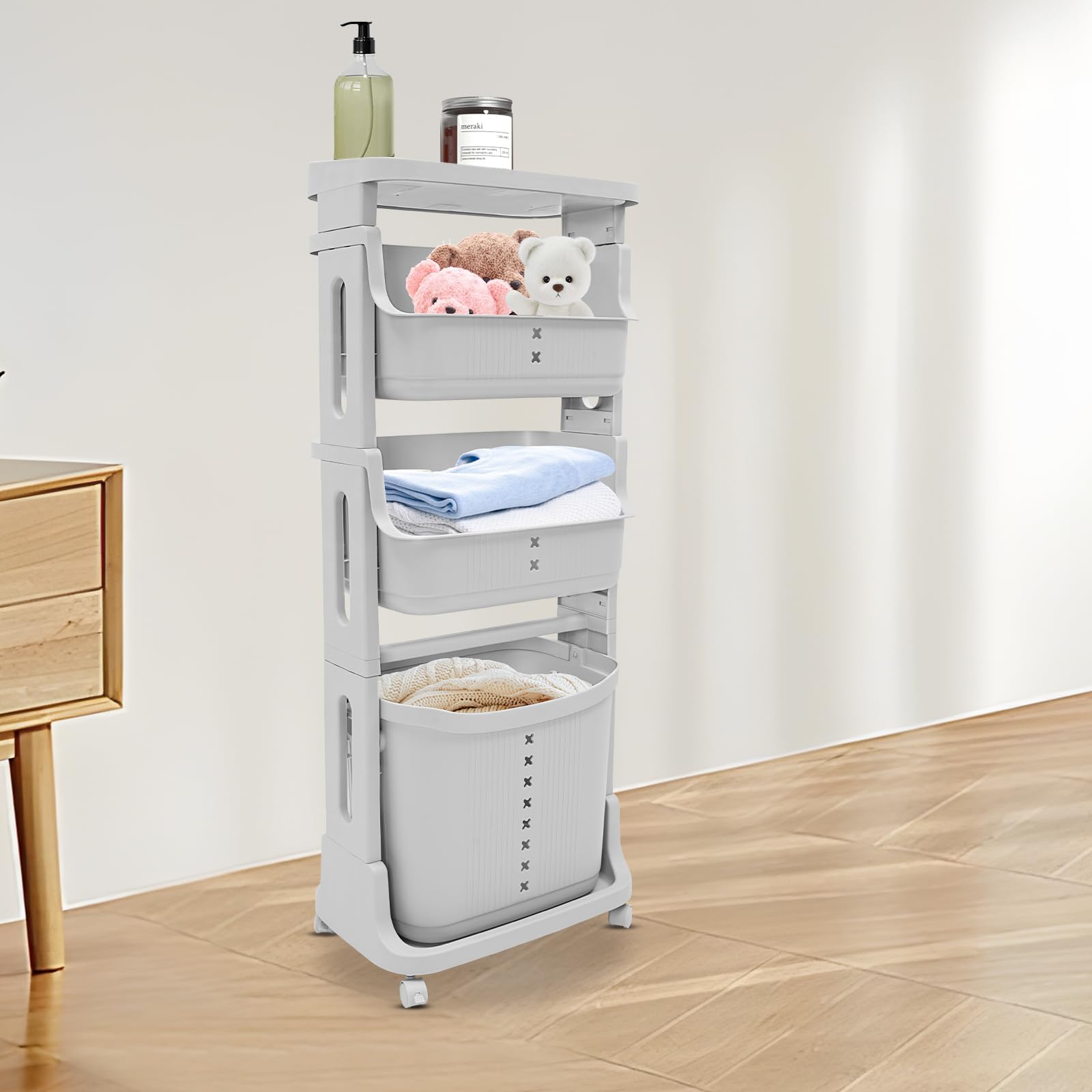 Wäschekorb auf Rollen, 4 Fächer Wäschebox Wäschesammler Wäschekorb für Wohnzimmer Schlafzimmer Waschküche Bad (Grau, 4 Etagen)