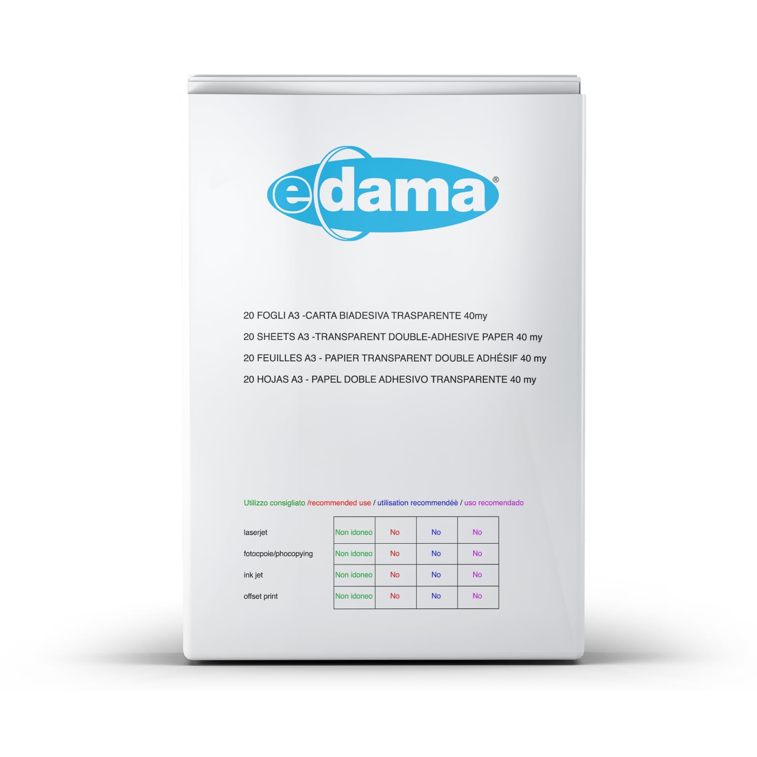 e-dama 20 Fogli Adesivi A3 (297 x 420 mm), Carta Biadesiva - Polipropilene Lucido, Trasparente