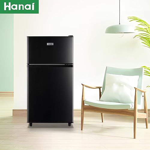 Miniatura 7 de WANAI Mini refrigerador con congelador de dos puertas, refrigerador pequeño con termostato ajustable de 7 ajustes, cajón para verduras y estantes