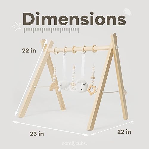 Miniatura 8 de Comfy Cubs Gimnasio de madera para bebés, acabado natural, madera de pino con 5 juguetes sensoriales colgantes, fácil montaje sin herramientas,