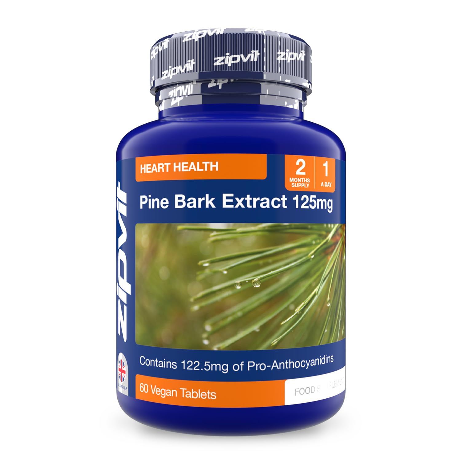 Pine Bark Extract 125mg, 60 Vegan Tablets. 122.5mg Pro-anthocyanins. Made in UK.