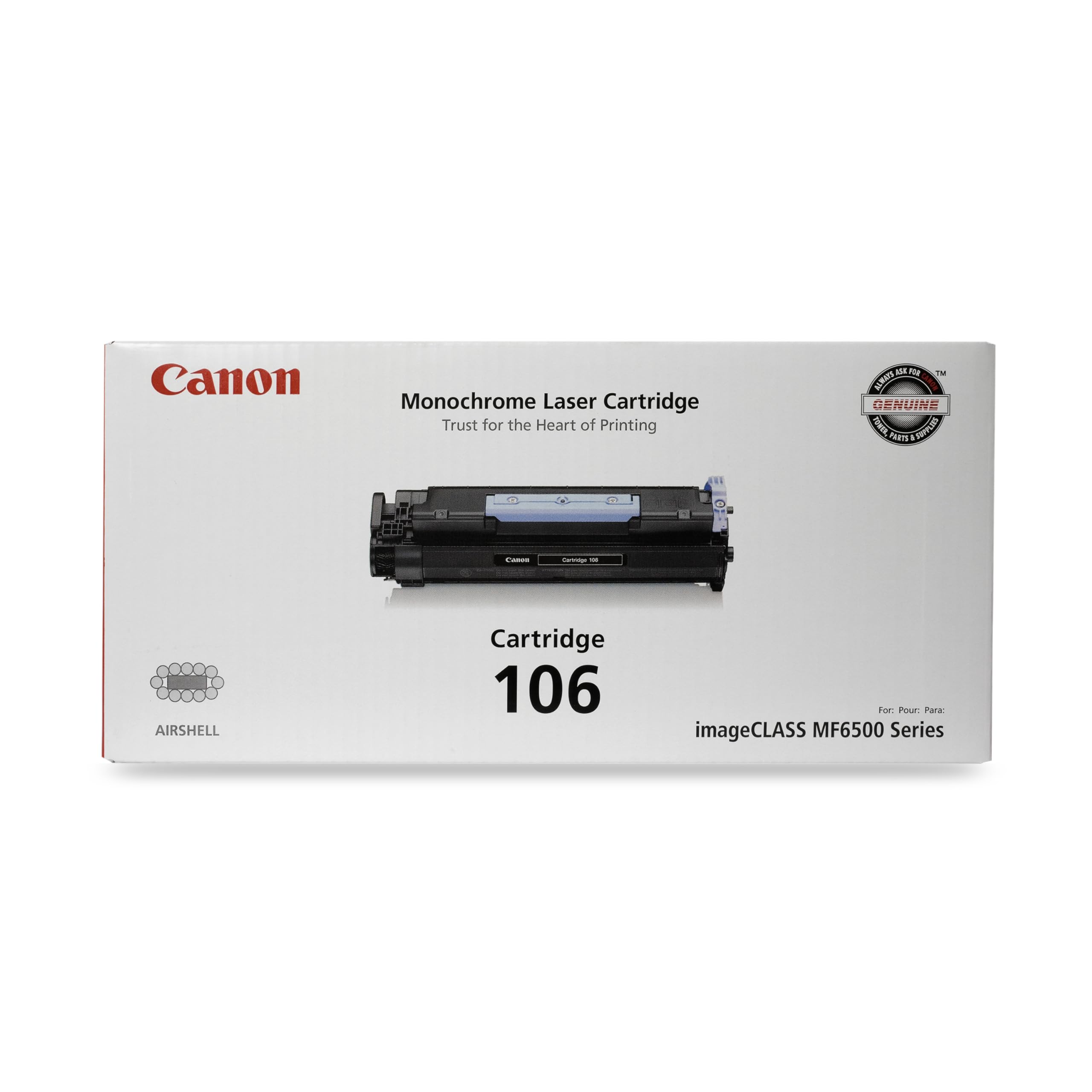 Canon Genuine Toner, Cartridge 106 Black (0264B001), 1 Pack, for Canon imageCLASS MF6530, MF6540, MF6550, MF6560, MF6560cx, MF6580, MF6580cx, MF6590, MF6595, MF6595cx Laser Printer