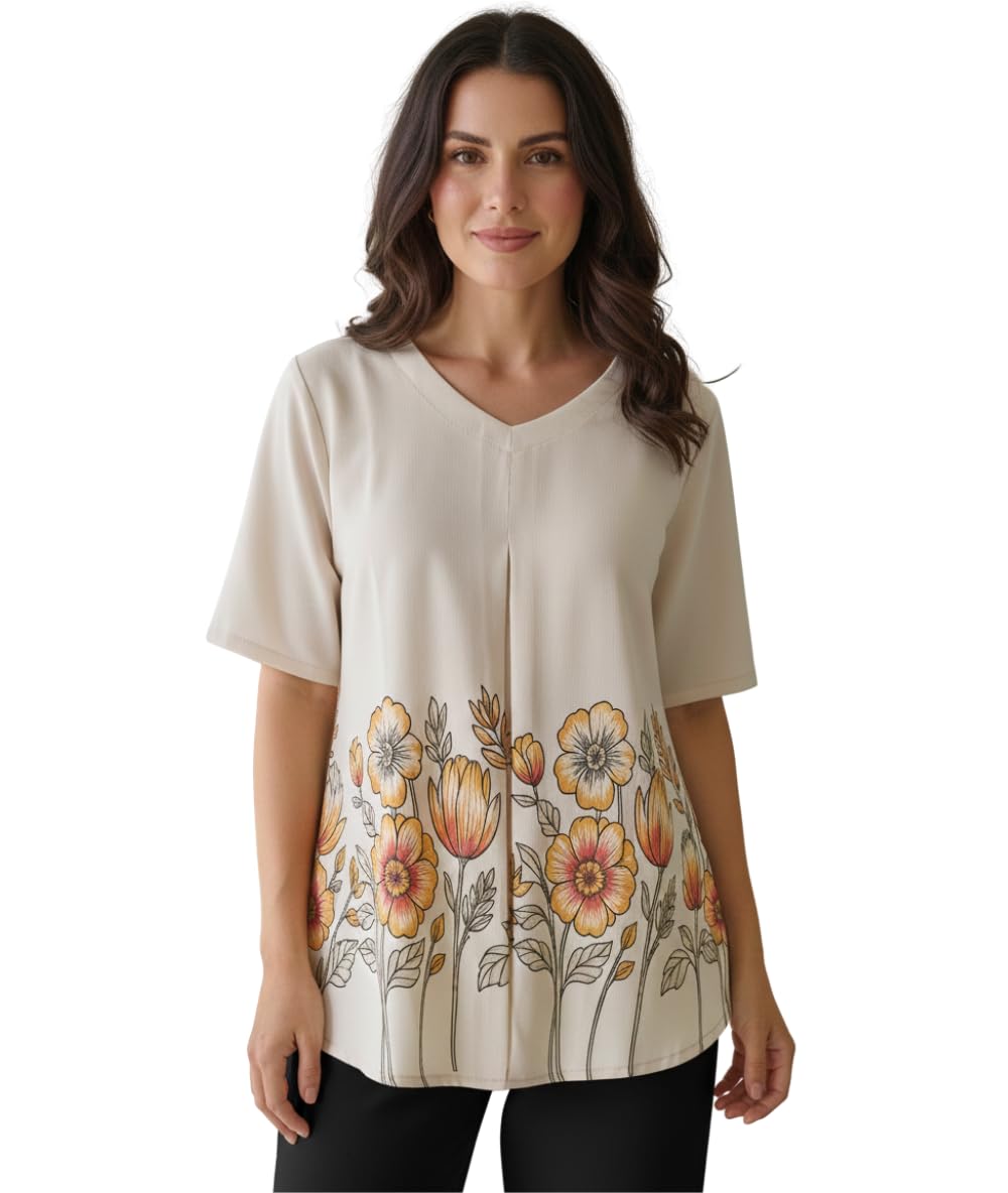matma fashion Women’s Floral Printed Top | Soft Polycotton V-Neck Short Sleeve Tunic for Casual & Office Wear | Comfortable Ladies Top-picture-55