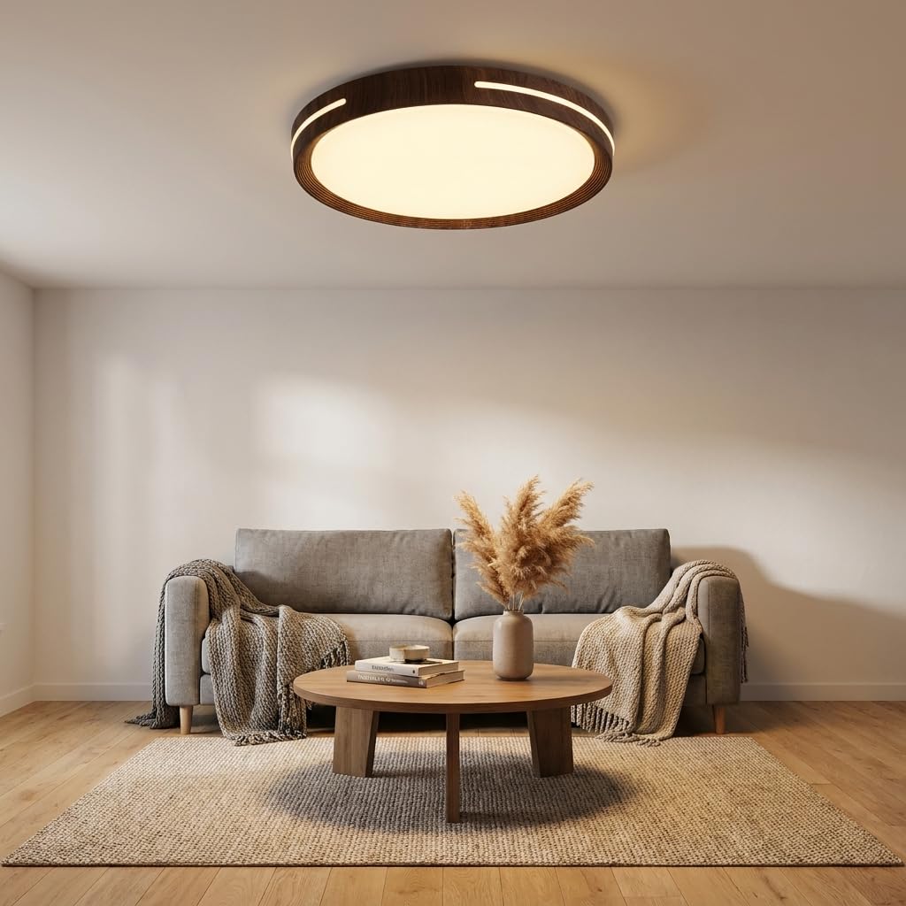 BARCELONA LED Plafón LED Techo 24W Ø40cm CCT Regulable 3000K-6000K, Diseño Madera Moderna con Efecto Luz Lateral, Lámpara Techo LED Redonda para Salón Dormitorio Cocina Oficina 2500lm