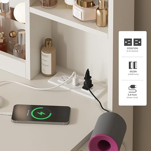 Miniatura 4 de Vabches Mesa de tocador de maquillaje con espejo iluminado y tira de alimentación, juego de tocador grande con taburete de almacenamiento, 3 modos