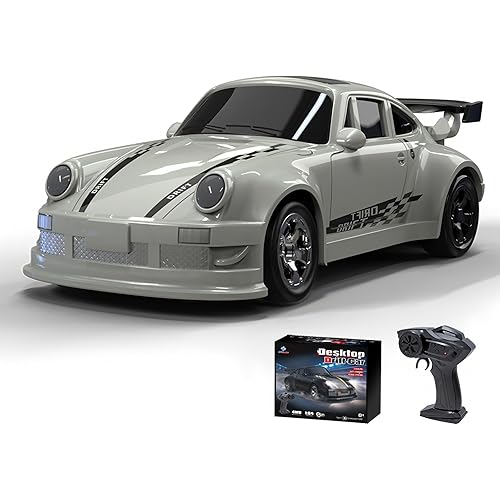 Desktop Mini Size 1:64 Scale 4WD RC Drift Car with Skill-Building Drift Control & LED Lights – Learn Drift Techniques, Fast Charge, Adjustable Throttle, 2.4GHz Remote – Gray