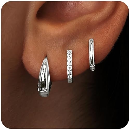Small Sterling Silver Huggie Hoop Earrings Set for Women, Hypoallergenic 14K Gold Plated Hoops Stacks for Multiple Piercings, Dainty Cute Mini Lightweight Cartilage Studs Trendy Jewelry Gift