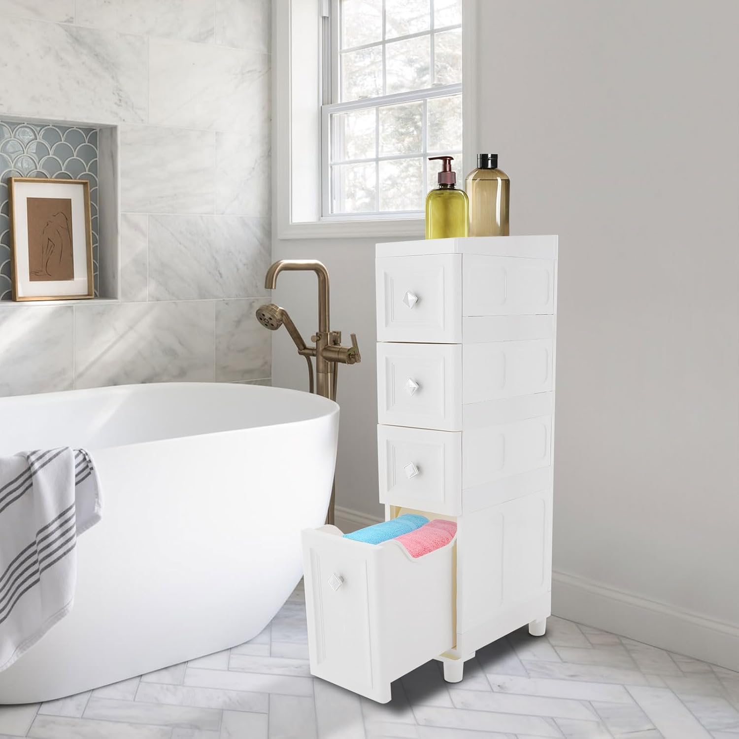 4-Drawer Narrow Storage Cabinet,Slim Bathroom Storage Cabinet, Bathroom Floor Cabinet for Small Spaces, Laundry, Living Room, Kitchen, Bathroom, Office, Home, 8.7"x15.7"x38.6"
