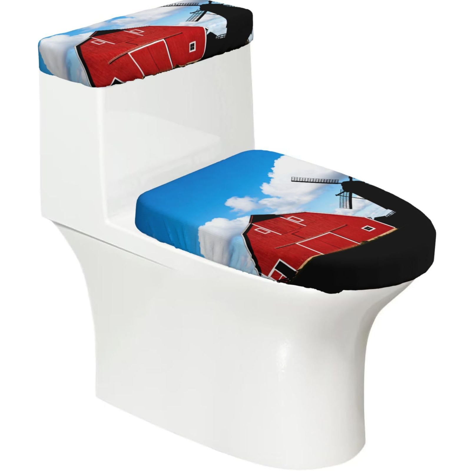 Cntdbu Black Barn Windmill Farm Stretchy Toilet Lid And Tank Cover Set-Soft Elastic Bathroom Decor For U Shape Oval