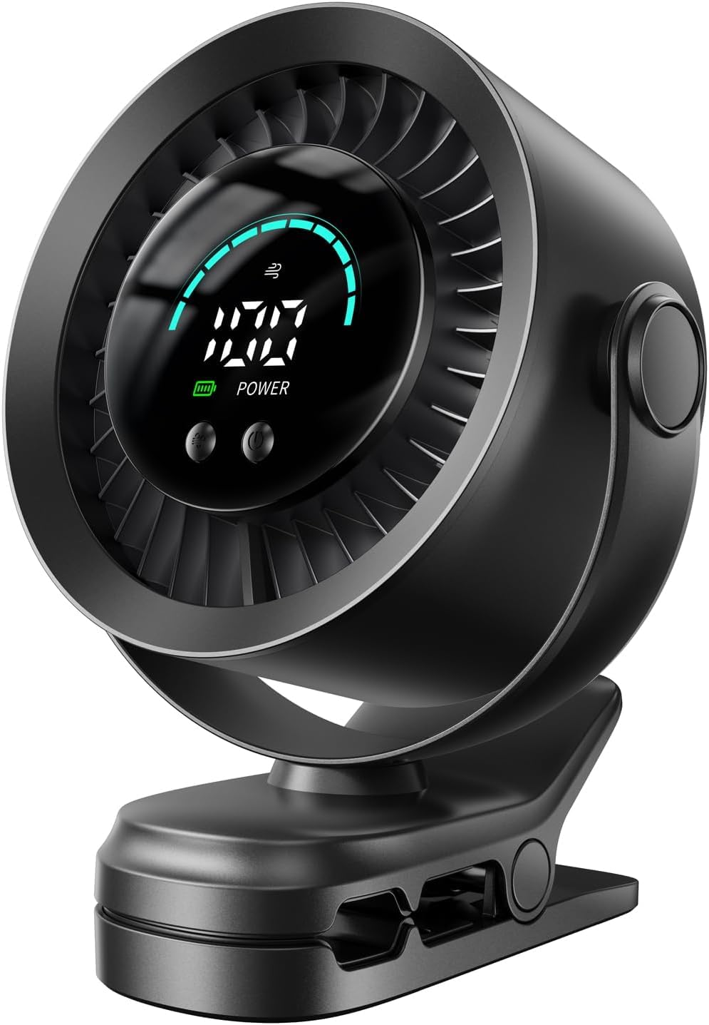 KIMMOO Portable Clip on Fan, 100-Speed Rechargeable USB Fan with LED Display, 360° Rotation & Strong Airflow Desk Fan, Up to 17 Hours Small Battery Fan for Outdoor Pram Camping Office Bedroom (Black)