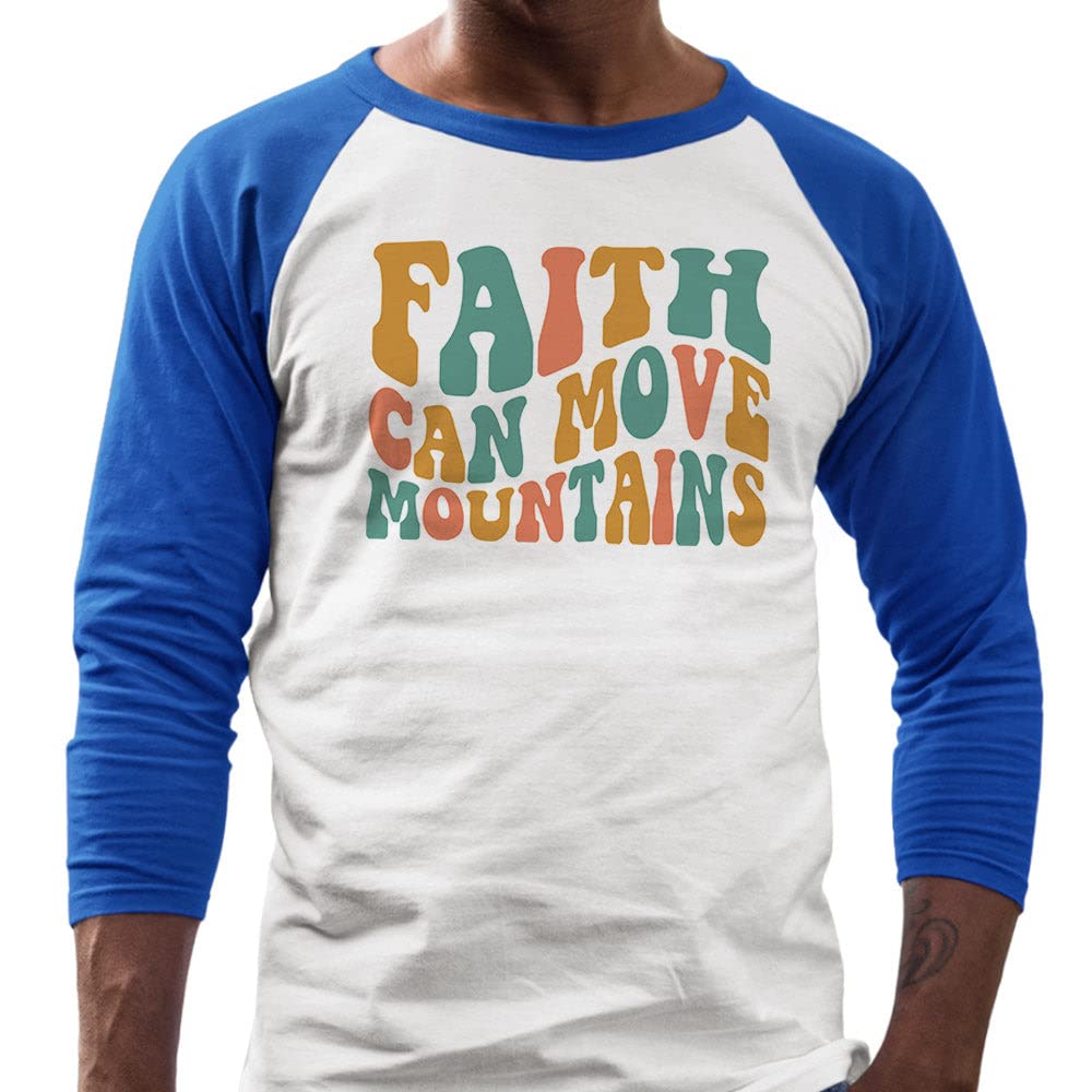 Retro Wavy Faith Can Move Mountains Three-Quarter Raglan Sleeve Baseball Shirt Unisex Medium White/Royal