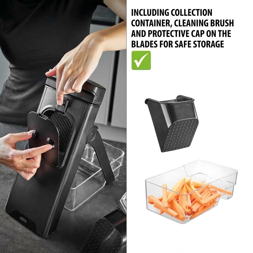 GEFU Affettatrice per patate dolci e verdure per fette e strisce di julienne, con contenitore, regolazione della lama, antiscivolo, in acciaio inox