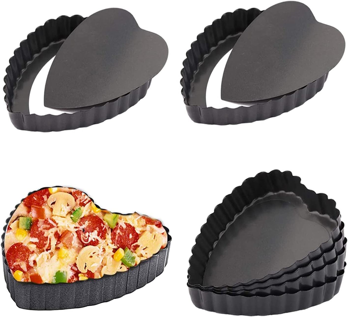 6PCS 4 Inch Heart Tart Pans with Removable Bottom, Nonstick Quiche