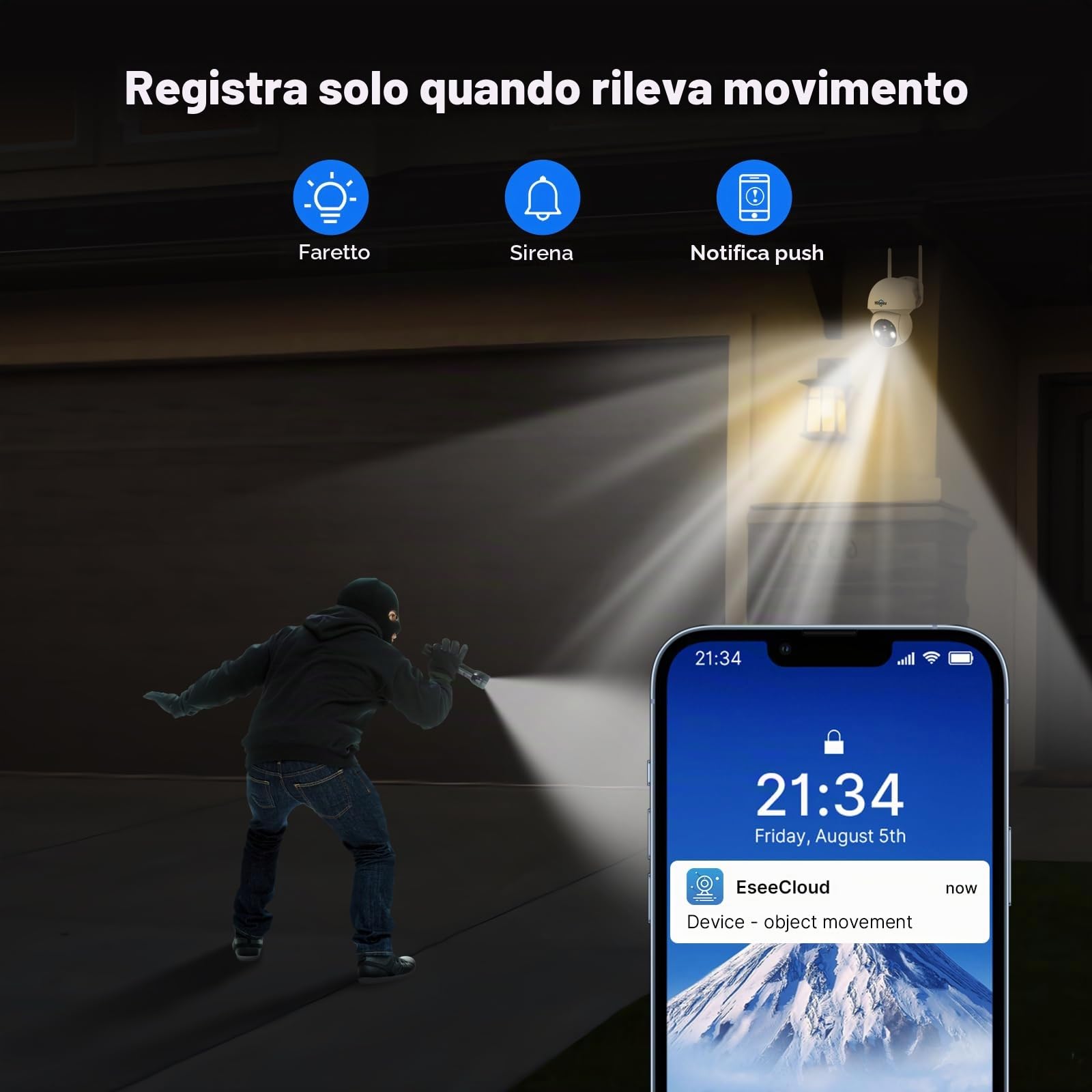 Hiseeu 2K Telecamera Wi-Fi Esterno Senza Fili Solare, Visione Notturna a Colori, 4MP 2.4G/5G WiFi 360 PTZ Telecamera con Pannello Solare, Rilevazione di Movimento PIR, Allarme APP Compatibile Kit