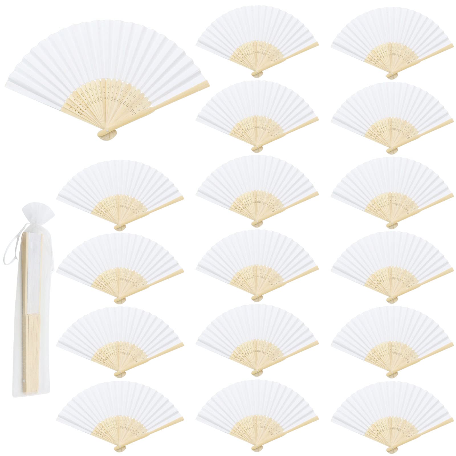 ZOCONE 16 Piezas Blanco Abanicos Boda para Invitados con Bolso de Organza Abanico Blanco Madera Plegable Abanico de Mano Novia Detalle para Bodas Invitadas