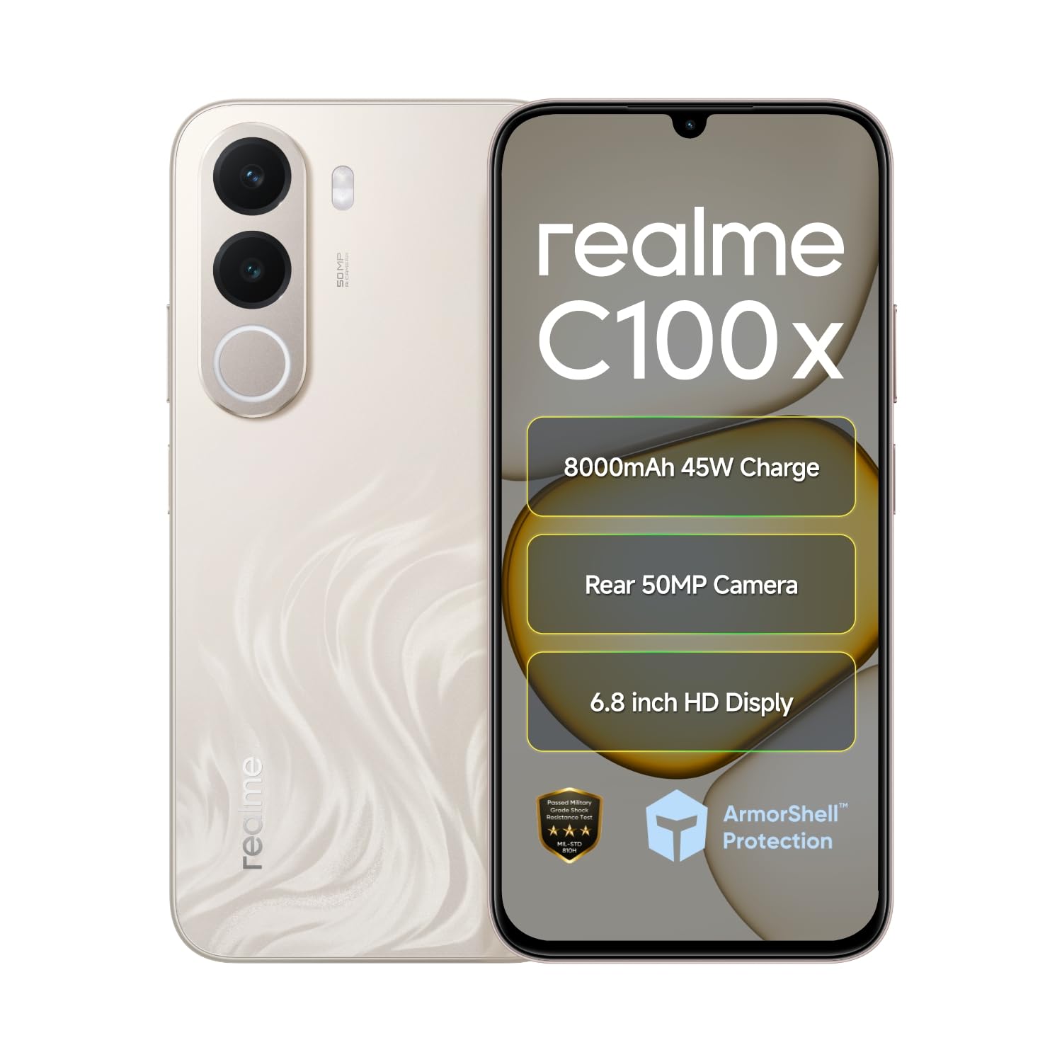 realme C100X Smartphone 6.8 inch 120Hz Display 8000mAh Battery 45W Fast Charge 4GB RAM + 64GB ROM 50MP AI Camera IP64 Waterproof Dual SIM Golden Coast-image-8