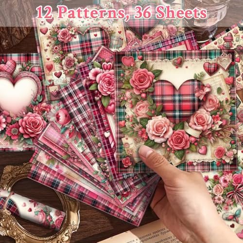 Image of ZIBUYU 36 Sheet Vintage Plaid Paper Sheets, 12 Retro Floral Assorted Designs, Roses, Hearts & Lace Patterns, 6'' Decorative Craft Paper Sheets for Scrapbooking, Journaling, Card Making