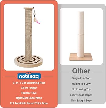 Nobleza Scratching Post for Cats with Wooden Base and Balls, Natural Sisal Scratching Tree with Feather, 3 in 1 Interactive Toy, 55 x 30 cm
