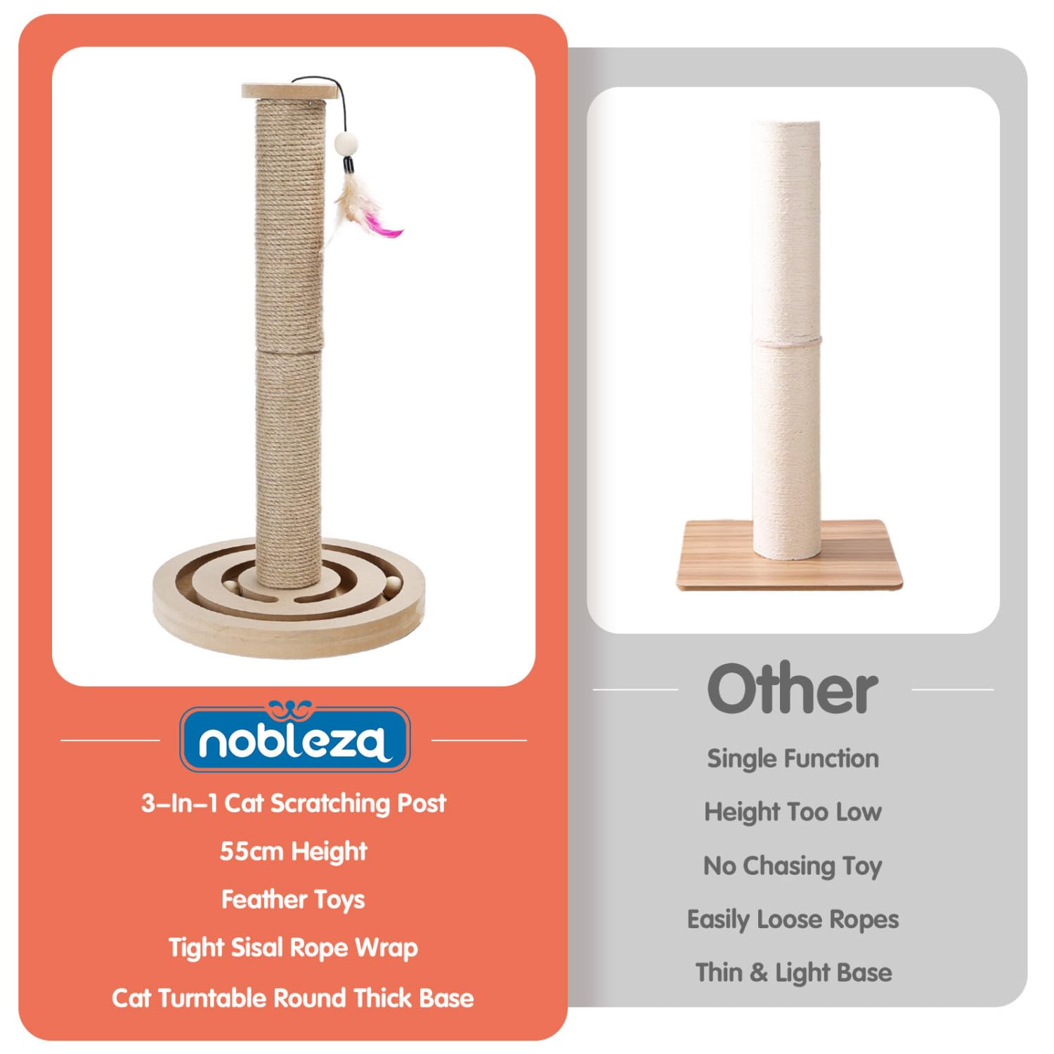 Nobleza Poste Rascador para Gatos con Base de Madera y Bolas, Árbol Rascador de Sisal Natural con Pluma, Juguete Interactivo 3 en 1, 55x30 cm