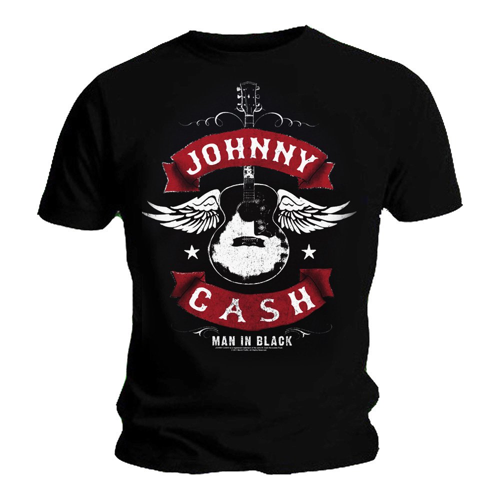 Johnny Cash Black Official T Shirt Man In Winged Guitar L