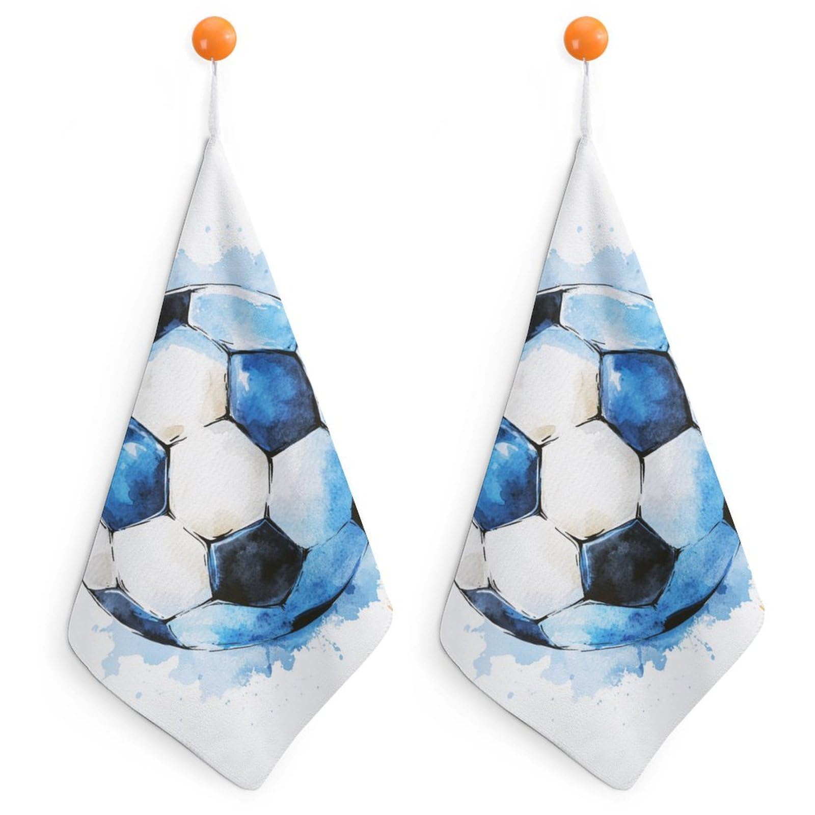 Jubonexis Cute Blue White Soccer Ball Small Hand Towel with Hanging Loop 2 PCS Absorbent Soft Wash Cloth for Kitchen Bathroom